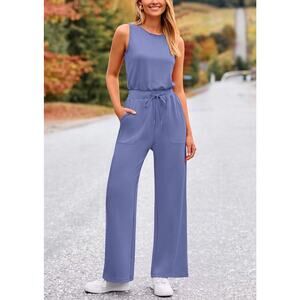 NWT Pretty Garden Wide Leg Sleeveless Jumpsuit Large Periwinkle Front Pockets L